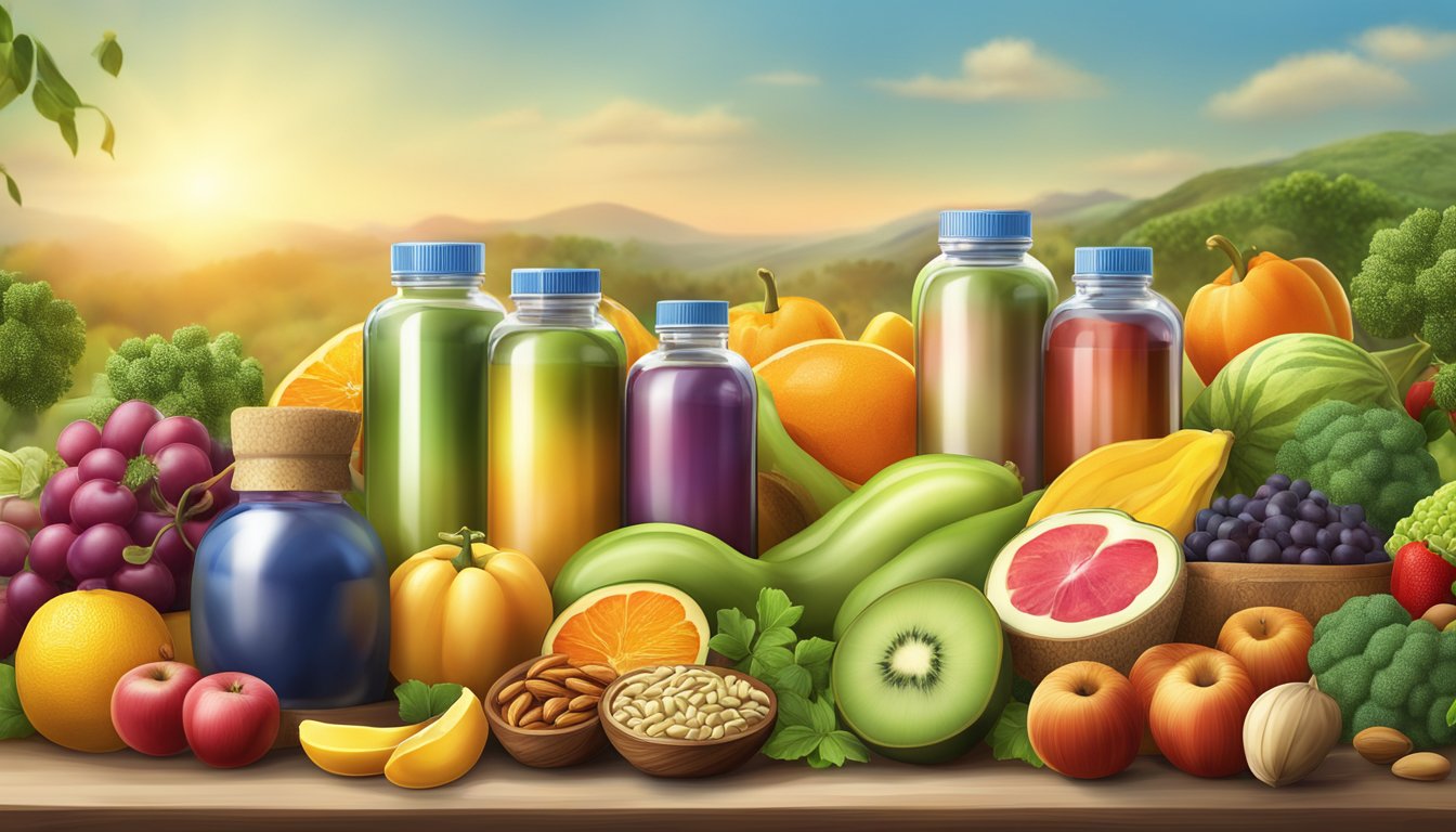 A vibrant array of fresh fruits, vegetables, nuts, and seeds arranged around bottles of vitamin supplements, with a backdrop of a serene natural landscape