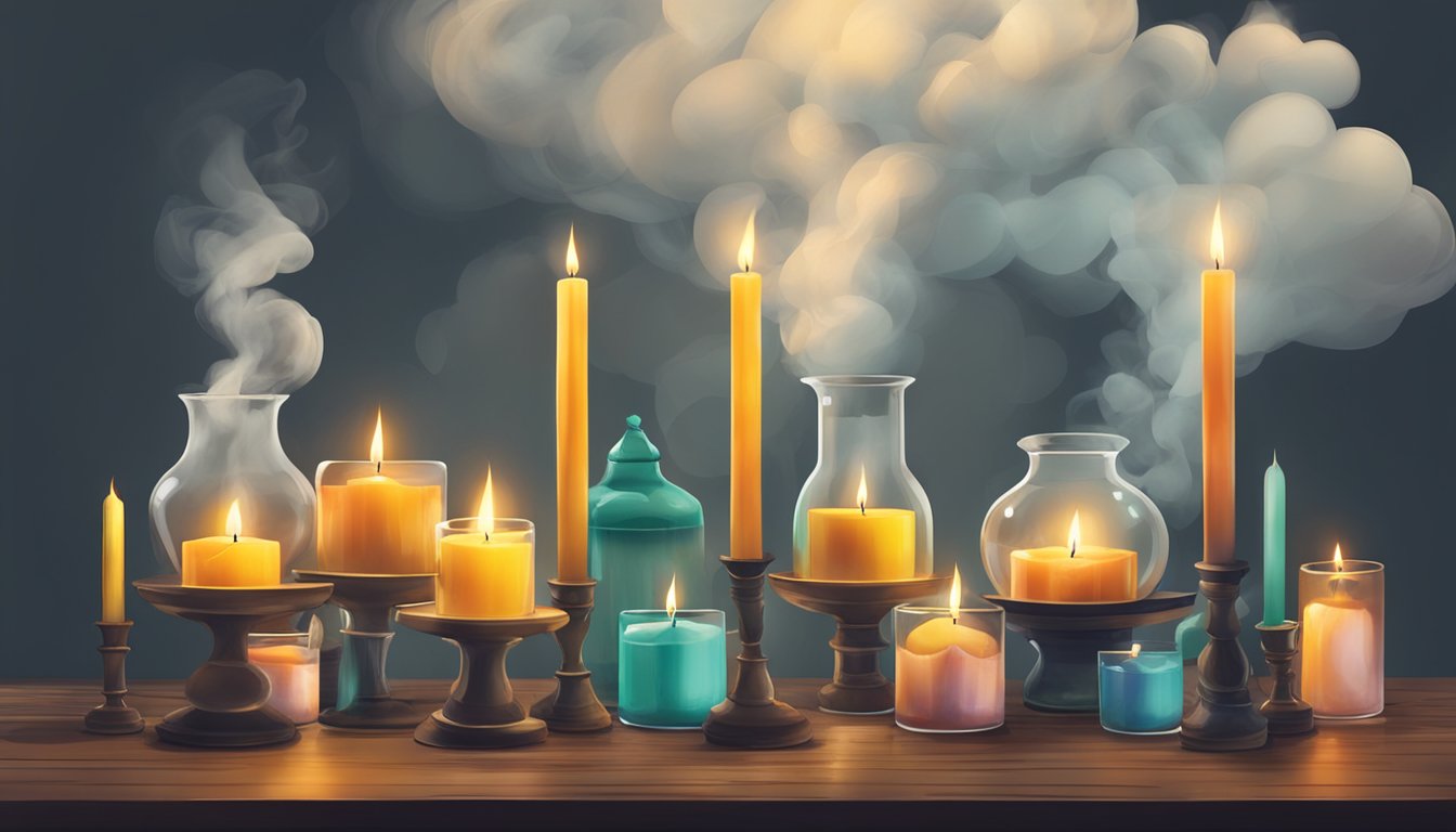 A table with various candles in different shapes and sizes, surrounded by a cloud of smoke and toxic fumes