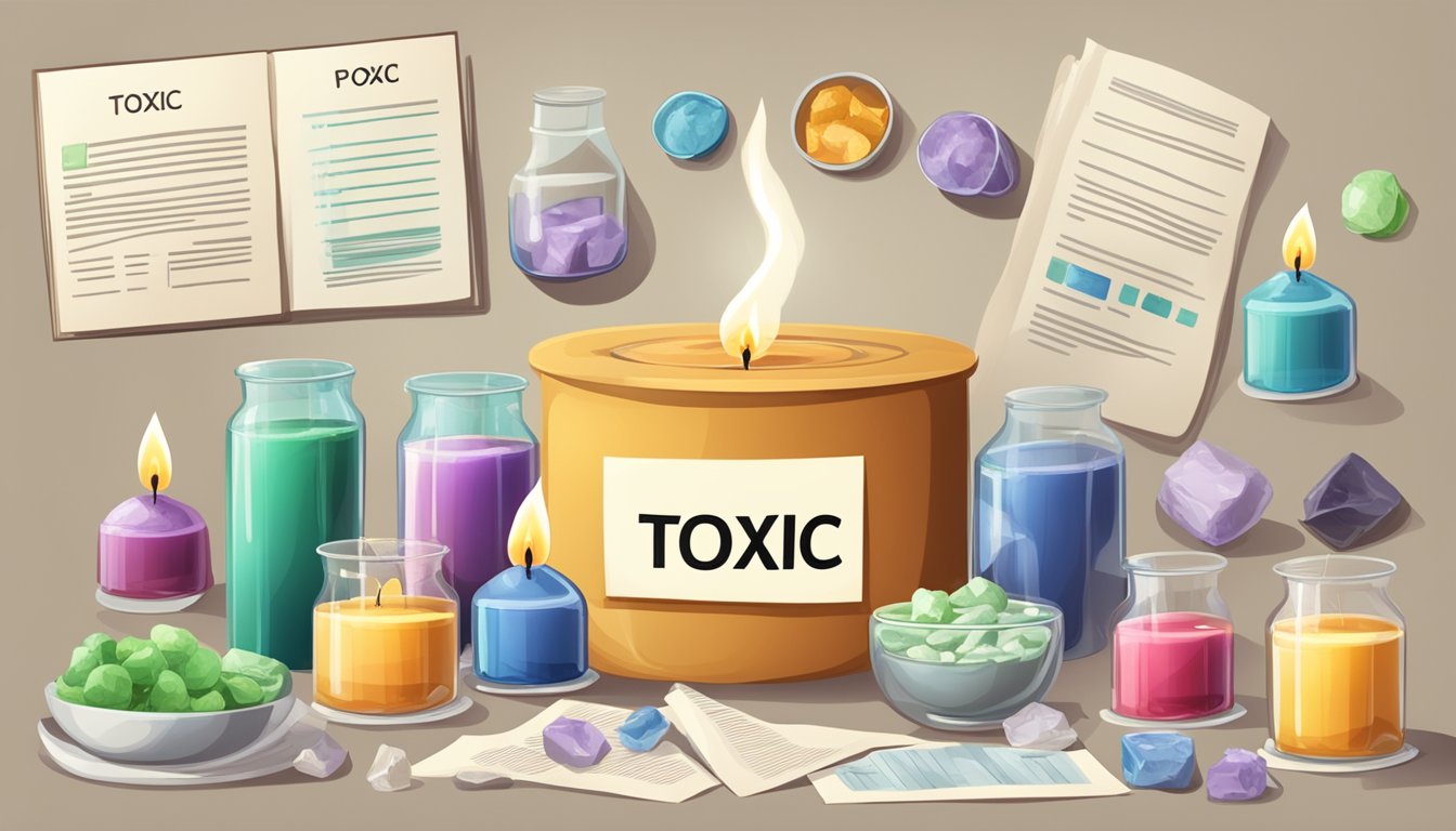 A table with various candle ingredients labeled as toxic or non-toxic, surrounded by warning symbols and regulatory standard documents