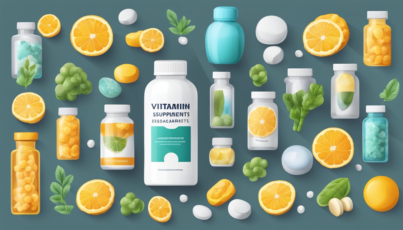 A bottle of essential vitamin supplements for arthritis, surrounded by images of healthy joints and a symbol of quality assurance