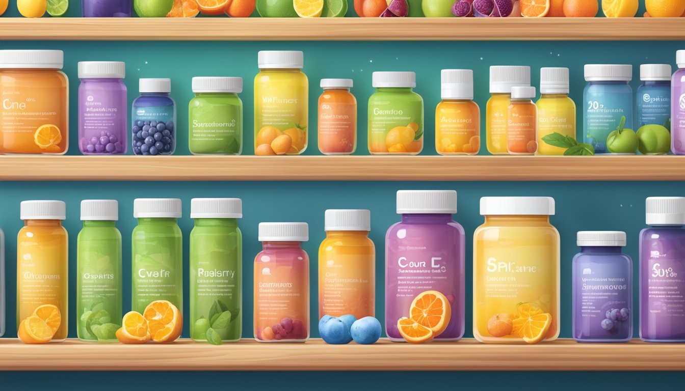 A variety of colorful vitamin C supplements displayed on a shelf, with images of fruits and immune-boosting symbols in the background