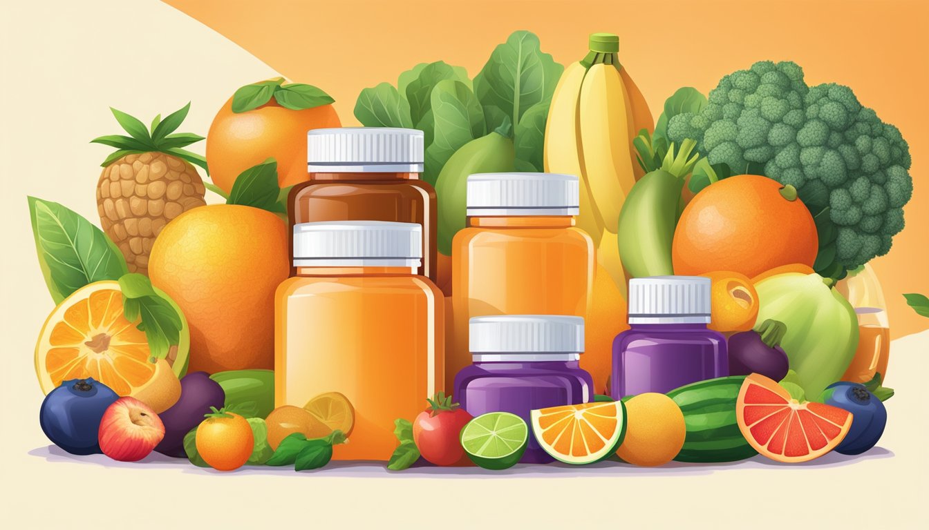 A bright orange bottle of vitamin C supplements surrounded by various fruits and vegetables, all radiating a healthy glow