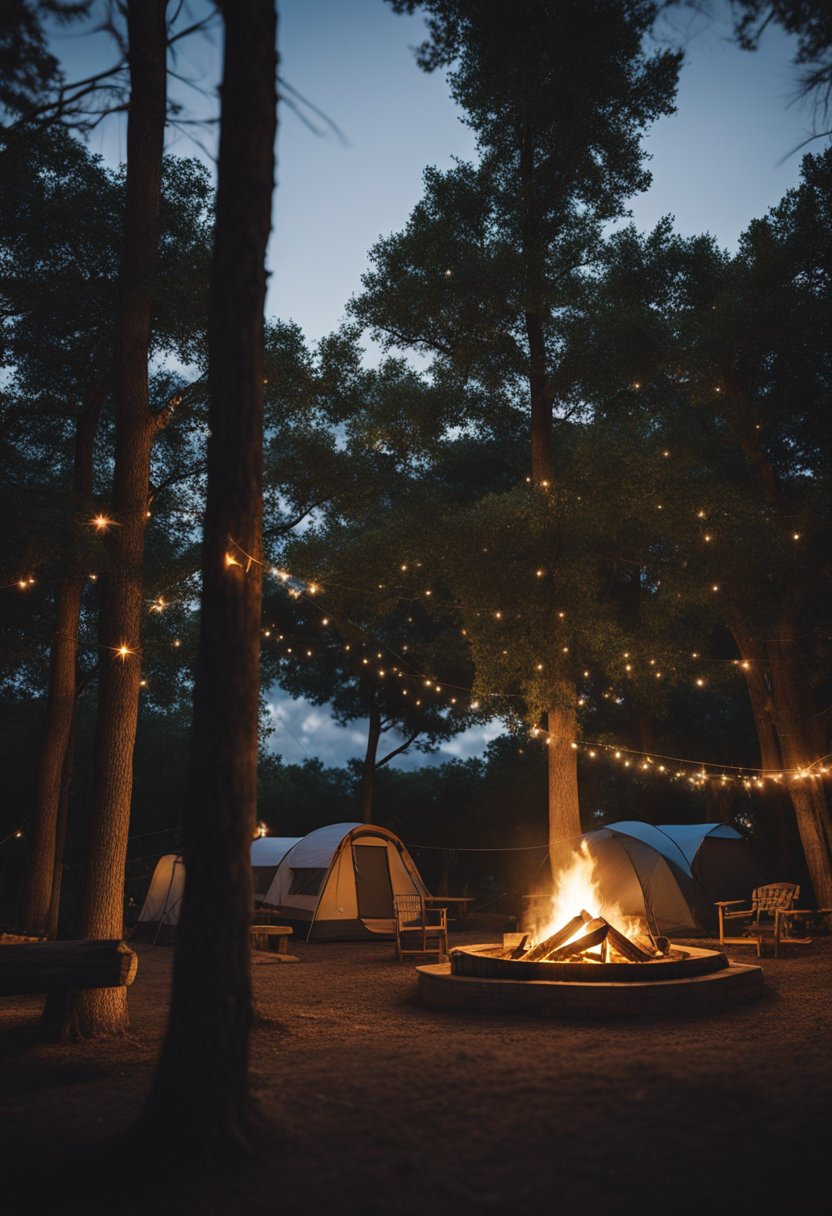 A serene campsite nestled among trees in Waco, Texas, with a crackling campfire and cozy tents under a starry night sky