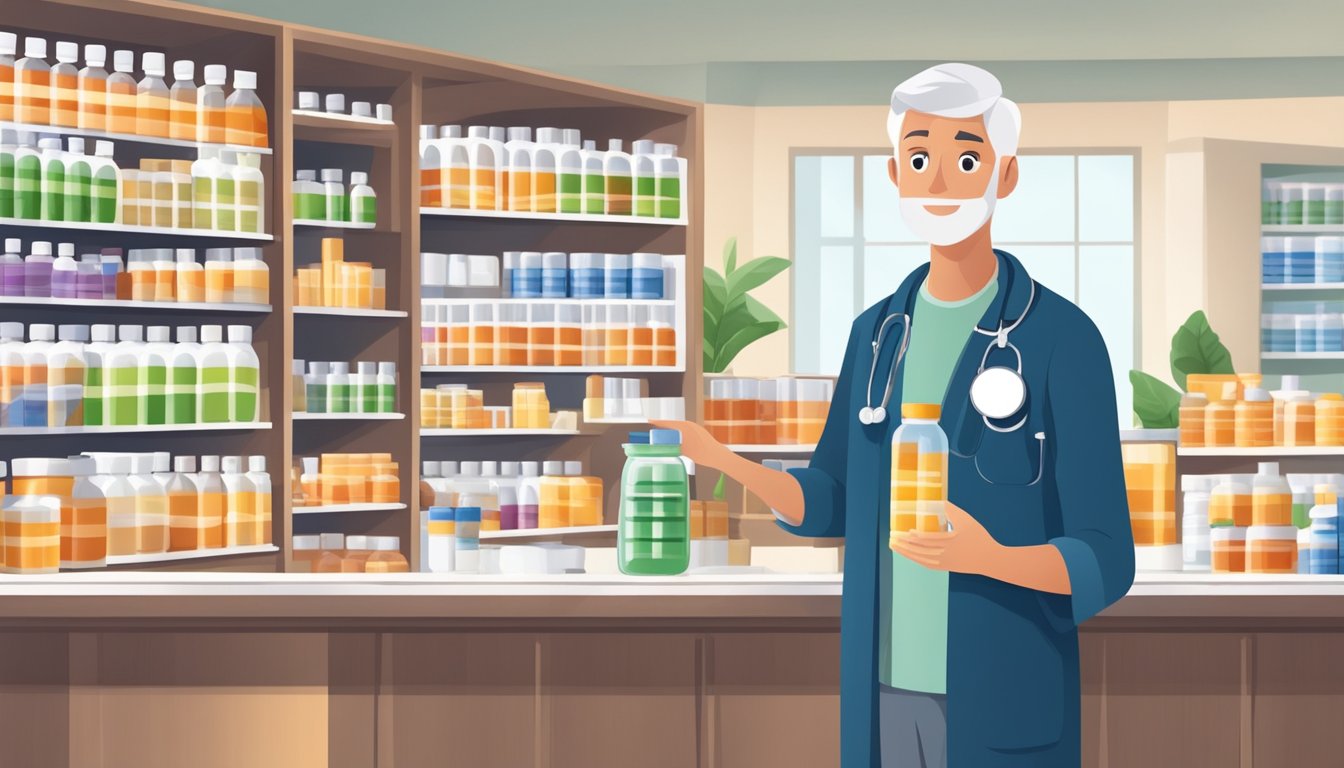 A person holding a bottle of essential vitamin supplements with a background of a doctor's office or pharmacy