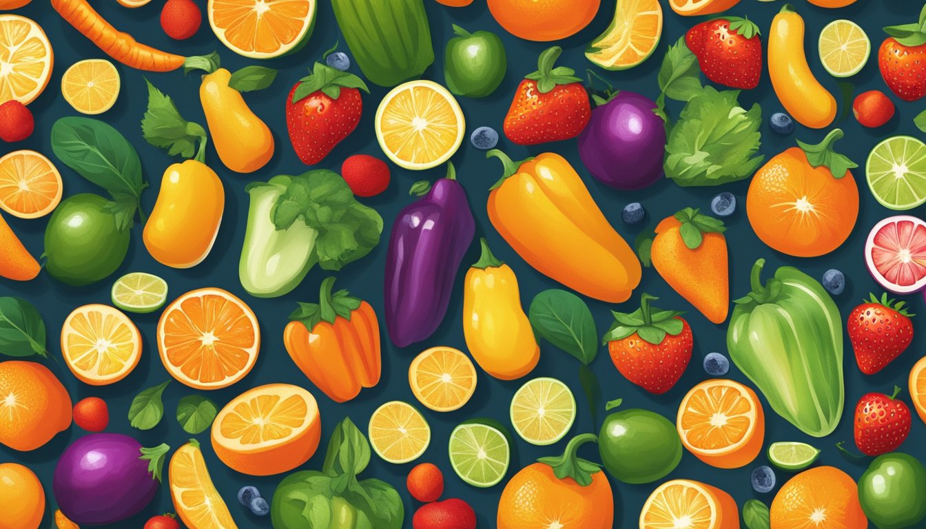 A colorful array of fruits and vegetables, such as oranges, strawberries, and bell peppers, arranged around a bottle of vitamin C supplements