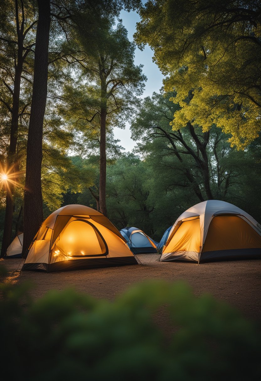 A group of tents nestled among the trees at a budget-friendly campsite in Waco, Texas. A campfire burns in the center, casting a warm glow over the area