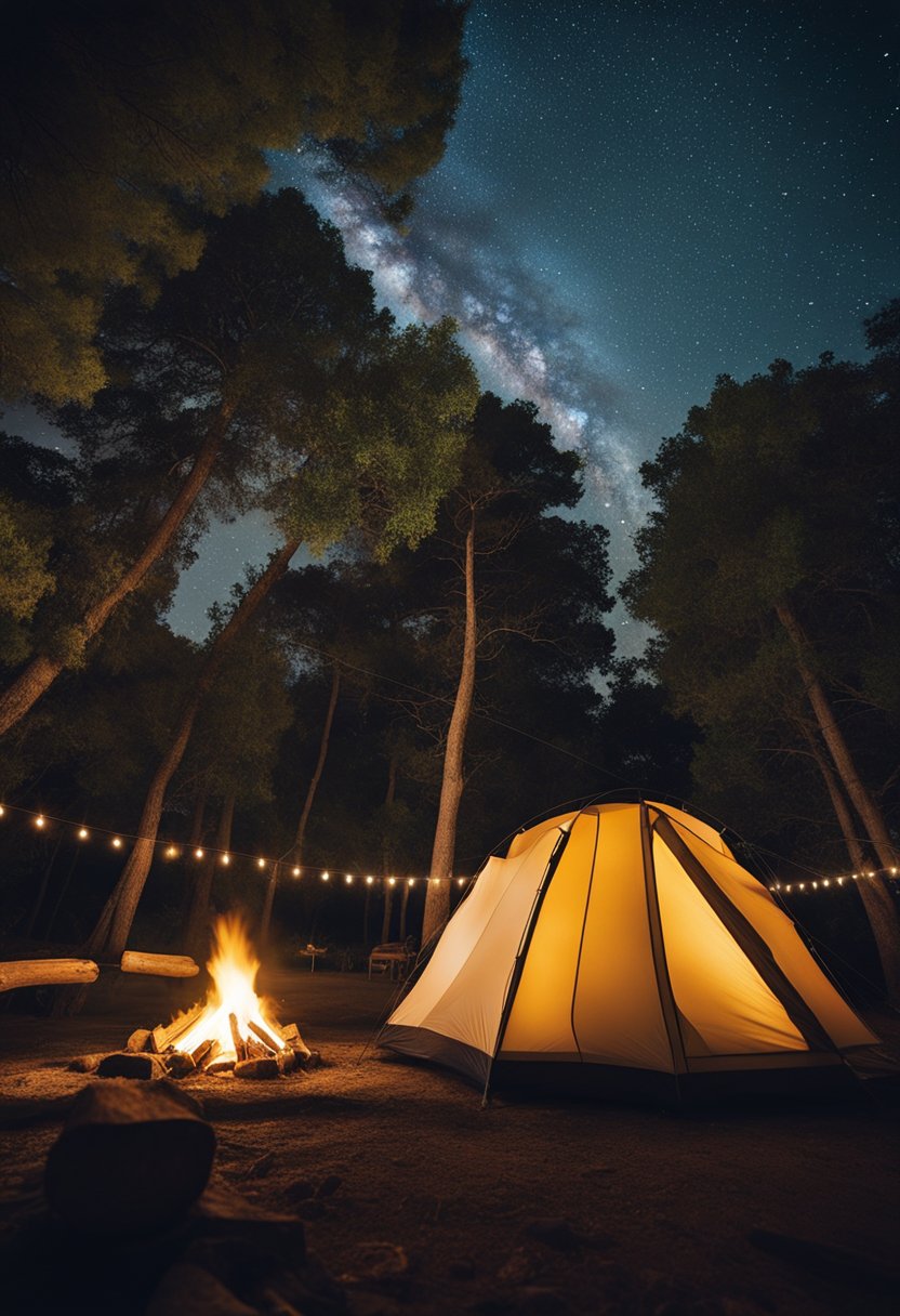 A peaceful campsite nestled among tall trees, with a crackling campfire and colorful tents under the starry sky in Waco, Texas