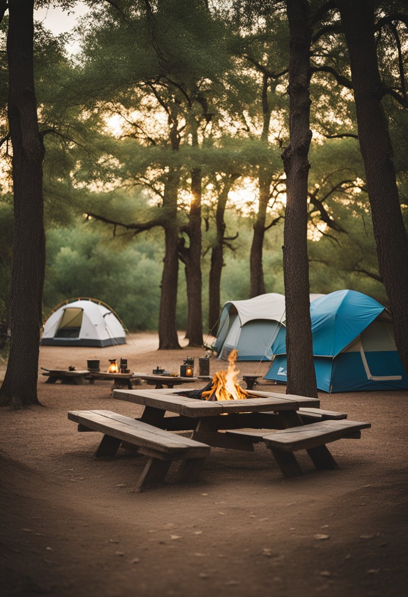 A serene campsite in Waco, Texas, nestled among tall trees with a crackling campfire, a cozy tent, and a picnic table set for a budget-friendly camping experience