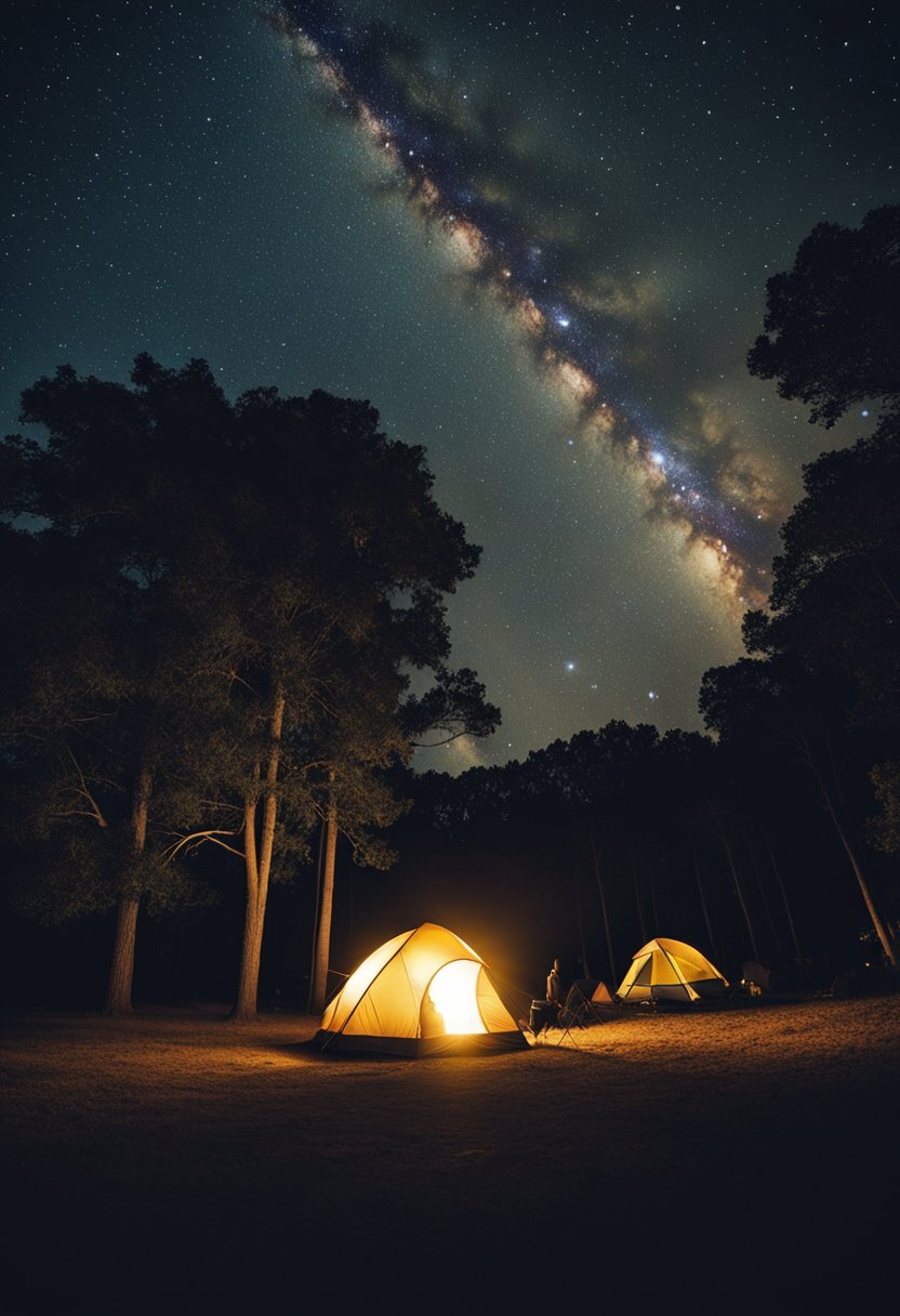 A peaceful campsite nestled among tall trees with a crackling campfire and cozy tents under the starry night sky in Waco, Texas