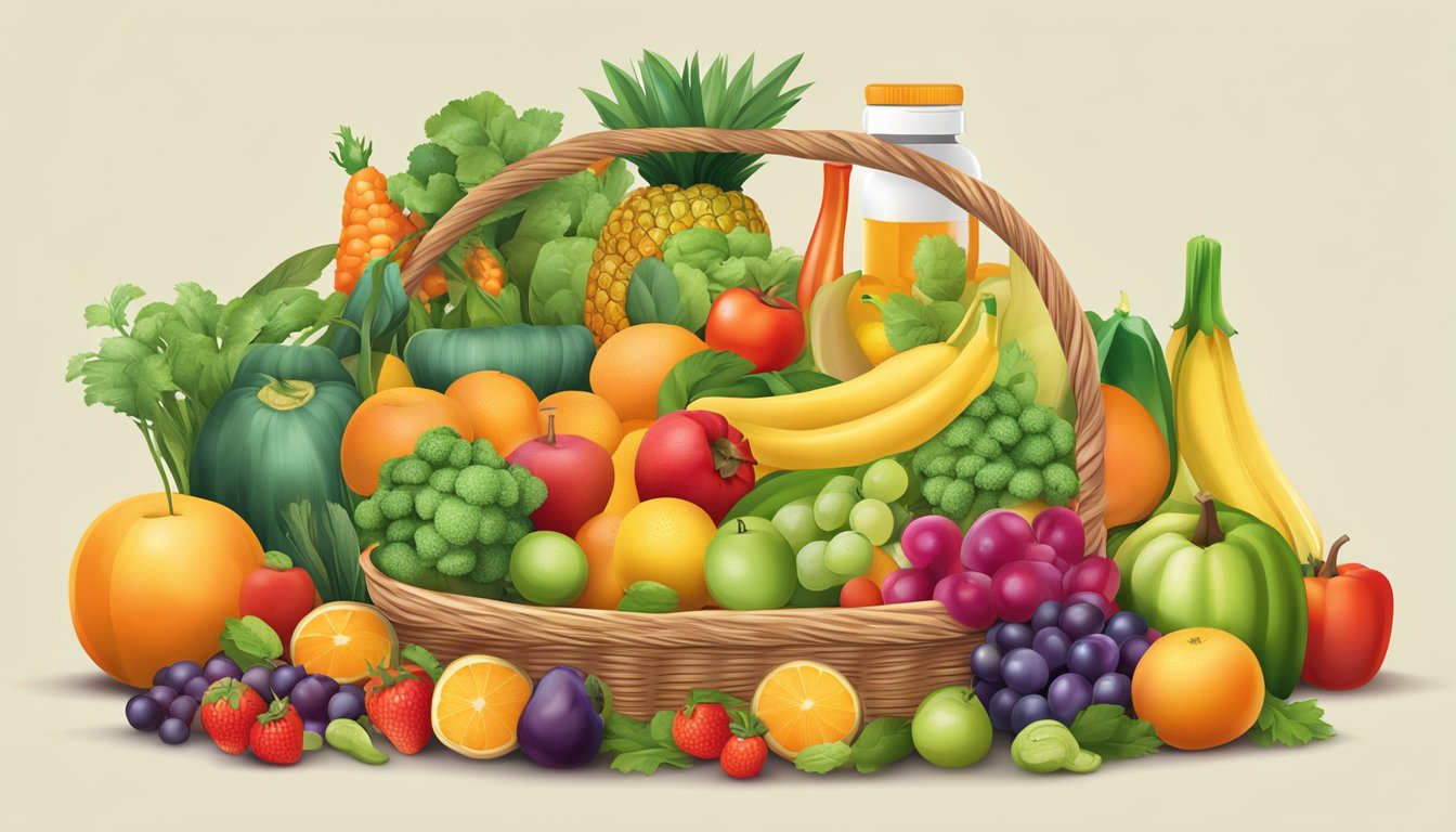 A colorful array of fruits and vegetables overflowing from a basket, with a bottle of vitamin C supplements placed prominently in the center