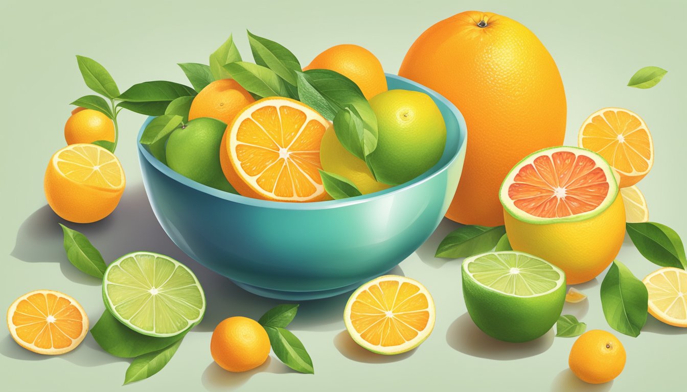 A bowl of vibrant citrus fruits surrounded by colorful eye-protective supplements and a pair of glasses