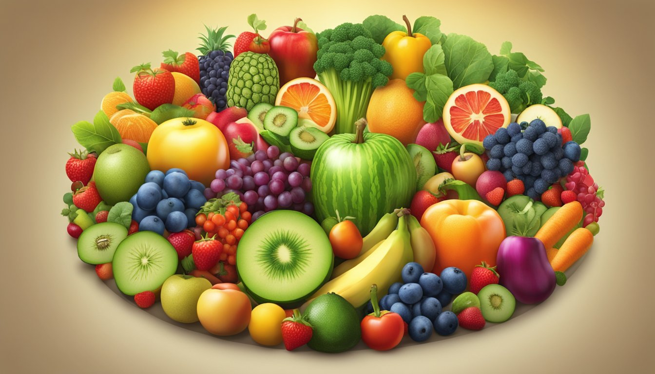 A vibrant, colorful assortment of fruits and vegetables arranged in a circular pattern, with a bright beam of light shining down on them, symbolizing the protective power of Vitamin E against oxidative stress