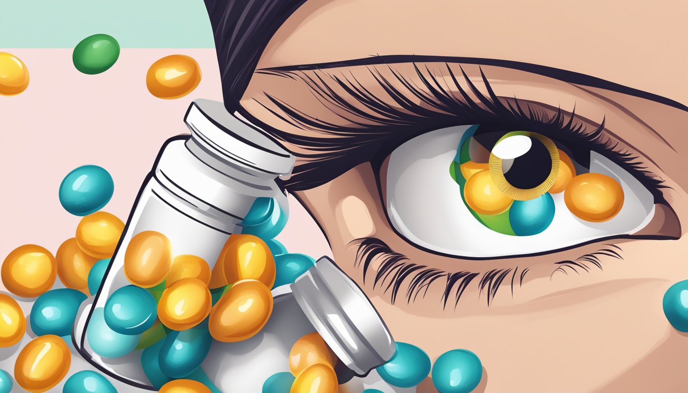 A bottle of B vitamin supplements next to a pair of healthy, vibrant eyes