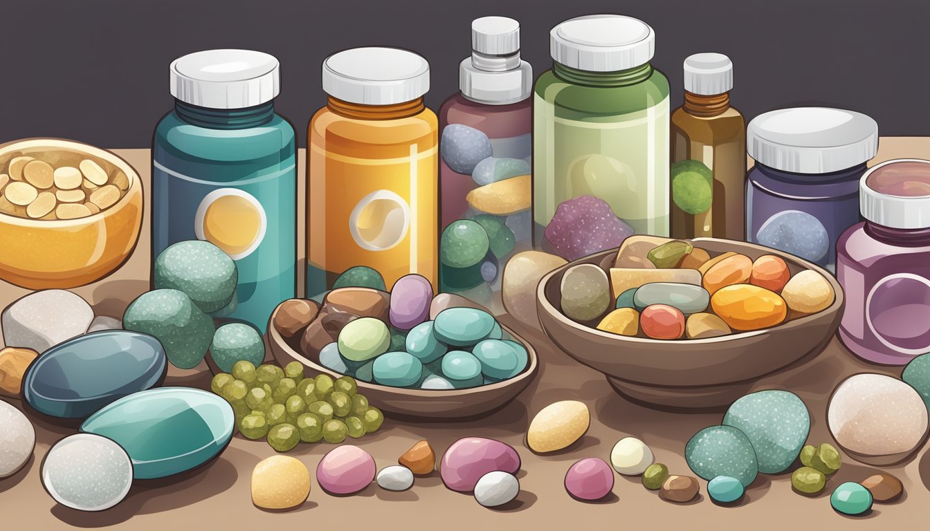 A collection of various minerals and vitamin supplements arranged on a table, with a focus on eye health products