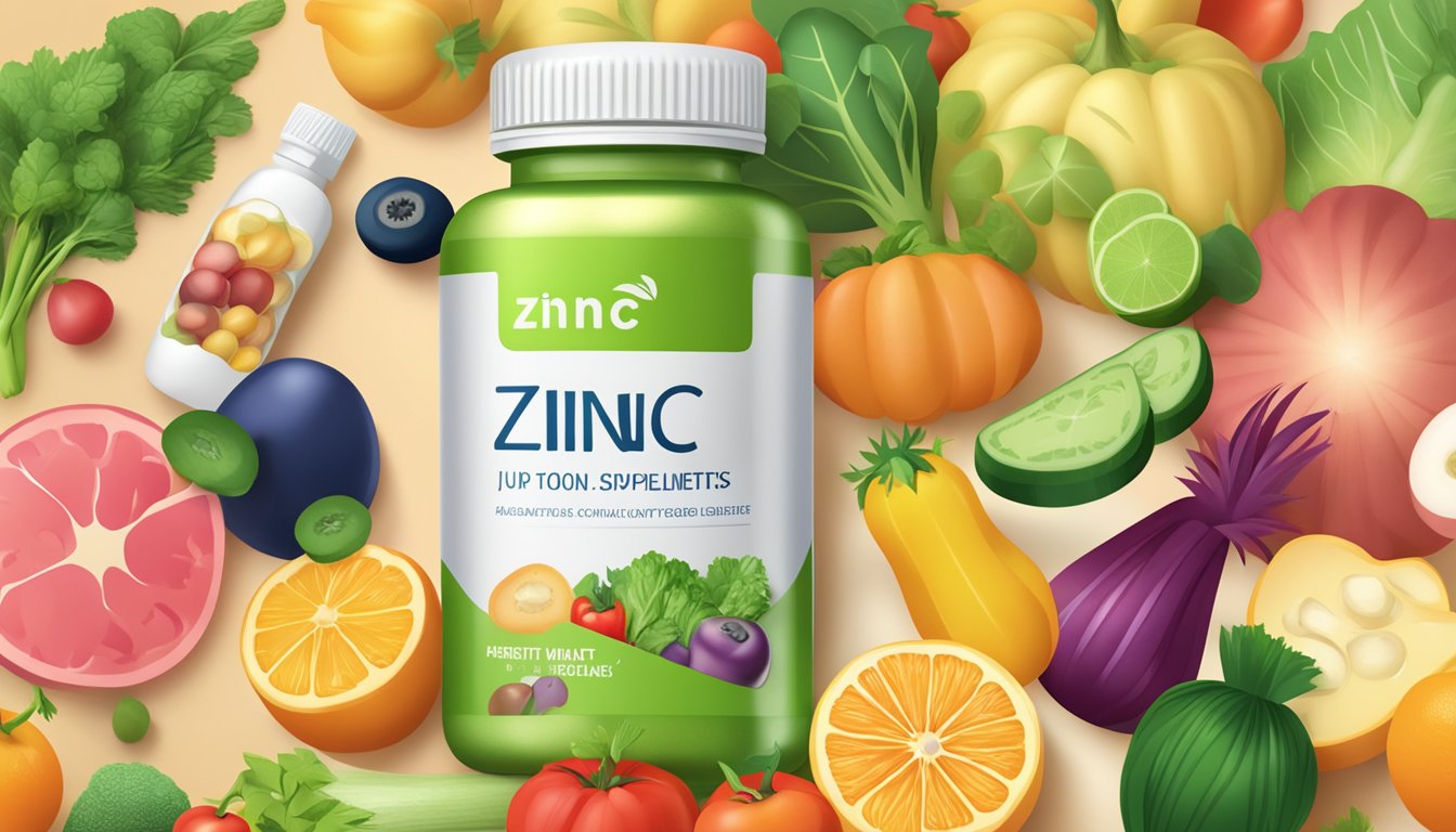 A bottle of zinc supplements surrounded by various fruits and vegetables, with a glowing and healthy-looking skin in the background