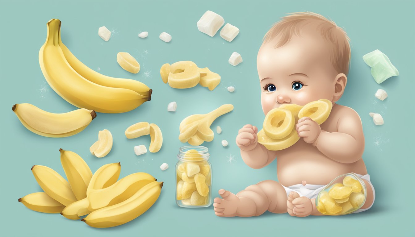 Frozen banana pieces arranged around a teething baby, with natural remedies displayed nearby