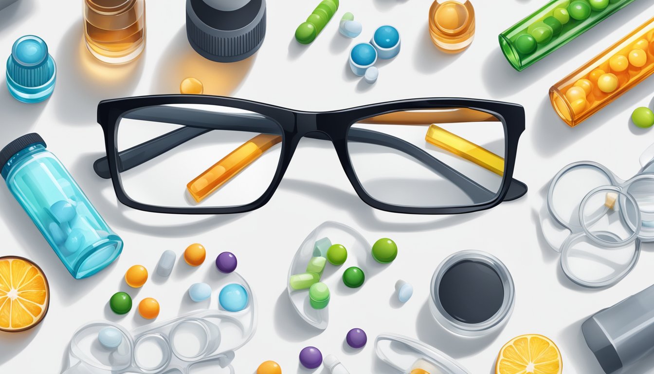 A pair of glasses surrounded by various vitamin bottles and eye exam equipment on a clean, white table