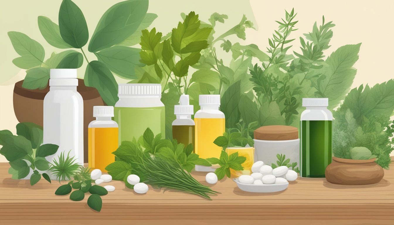 A variety of herbs and natural remedies, alongside essential vitamin supplements, are arranged on a wooden table, with a backdrop of lush greenery, representing targeted nutrition for perimenopause