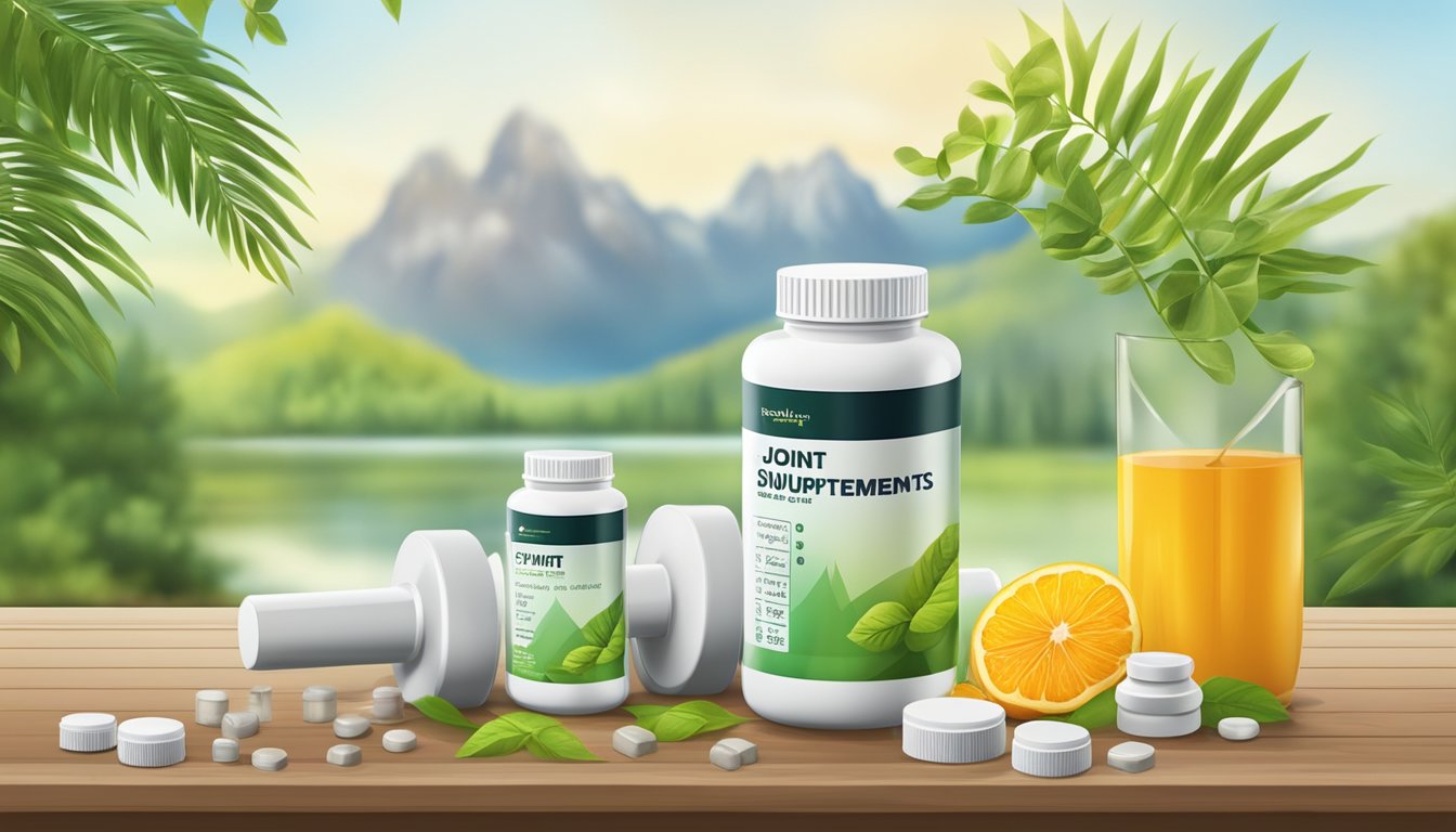 A bottle of joint supplements surrounded by a progress chart and a set of adjustable weights, with a soothing background of natural scenery