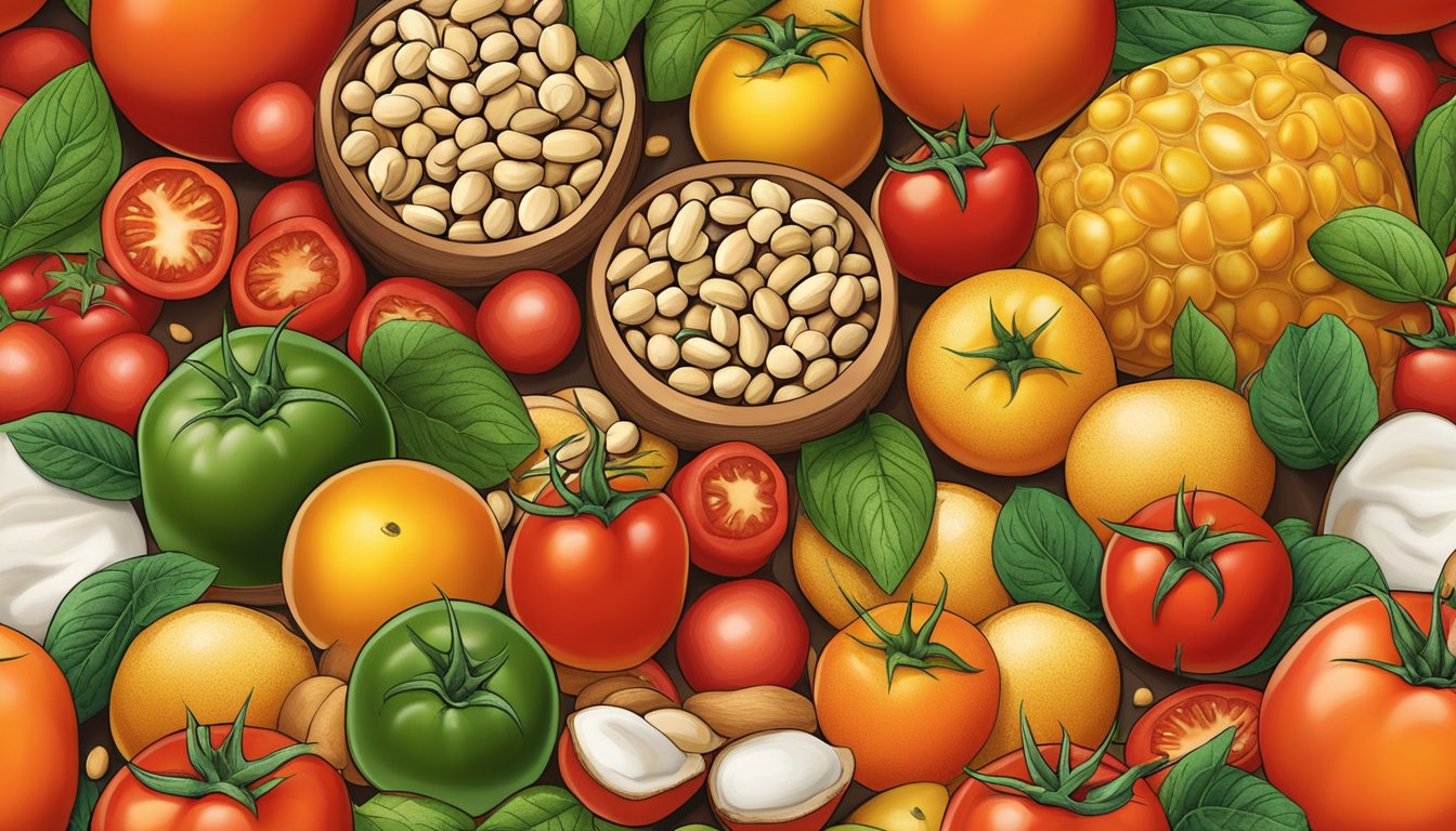 A pile of tomatoes surrounded by peanuts, dairy, and citrus fruits