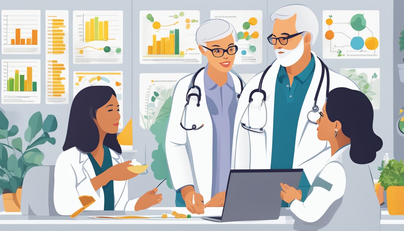 A group of healthcare professionals discussing essential vitamin supplements for perimenopause, with charts and graphs illustrating targeted nutrition for navigating hormonal changes