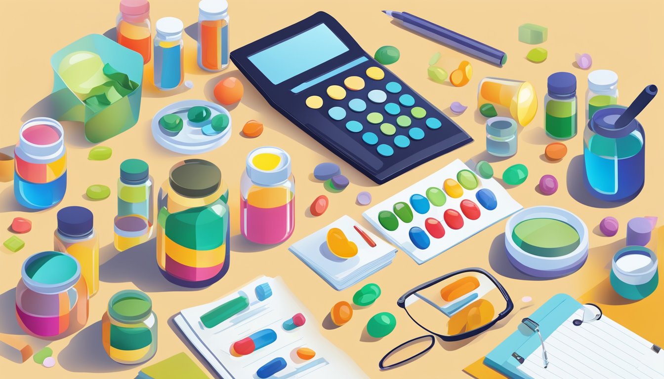 A colorful array of various vitamin supplements arranged on a table, with a magnifying glass and a notepad for research