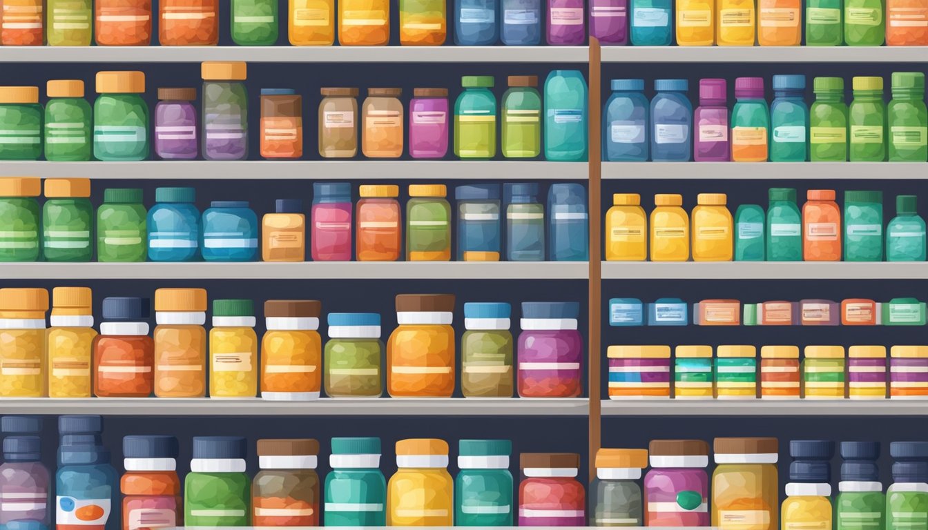 A colorful array of vitamin supplements arranged on shelves in a Pakistani pharmacy. Labels display various vitamins and health benefits