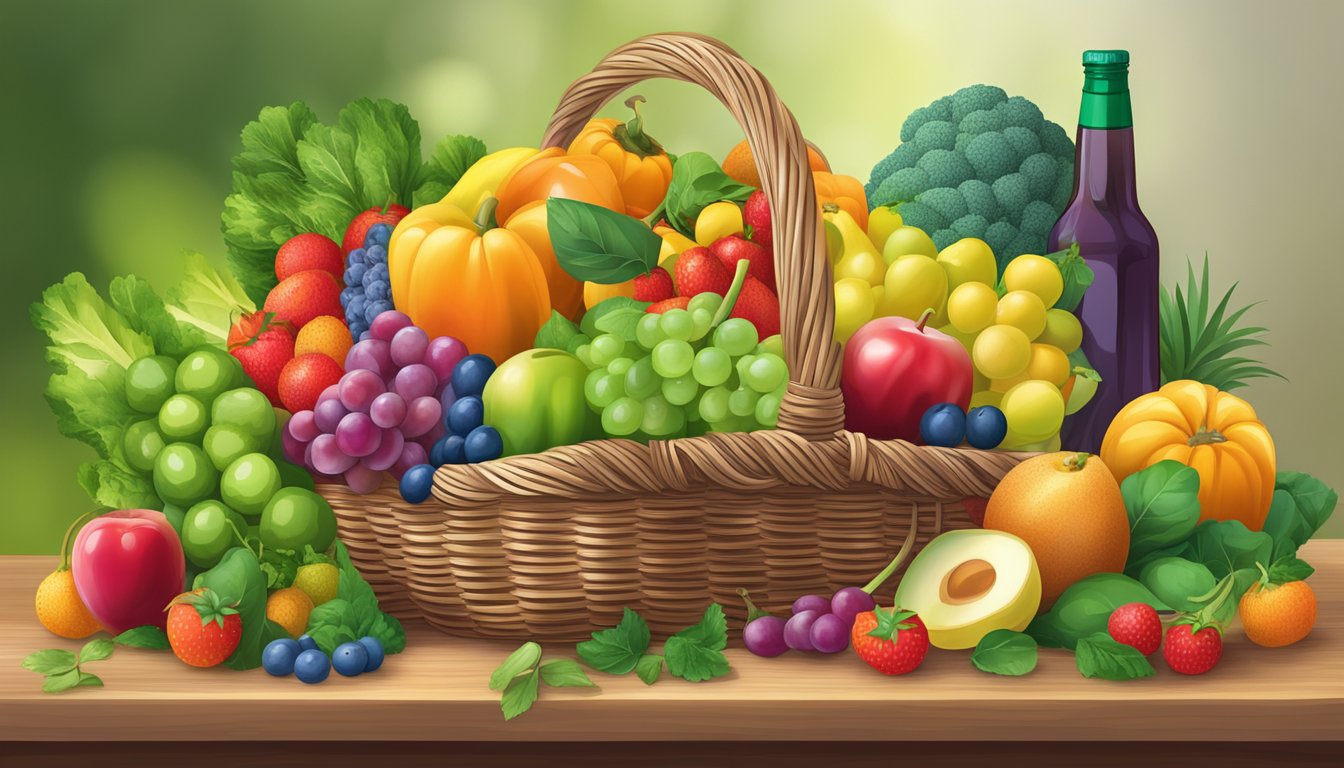 A vibrant array of fruits and vegetables overflowing from a basket, with a bottle of vitamin supplements beside it