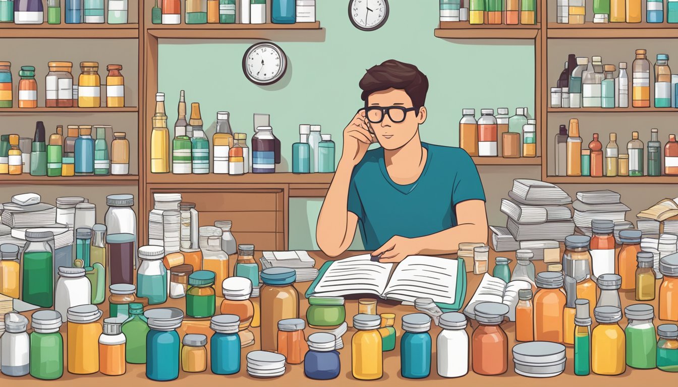 A person researching vitamins and ADHD, surrounded by medical journals and bottles of supplements