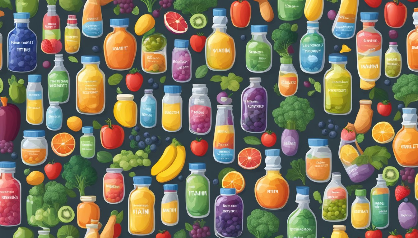 A colorful array of vitamin bottles, each labeled with "Iron-Fortified," surrounded by fresh fruits and vegetables, radiating health and energy