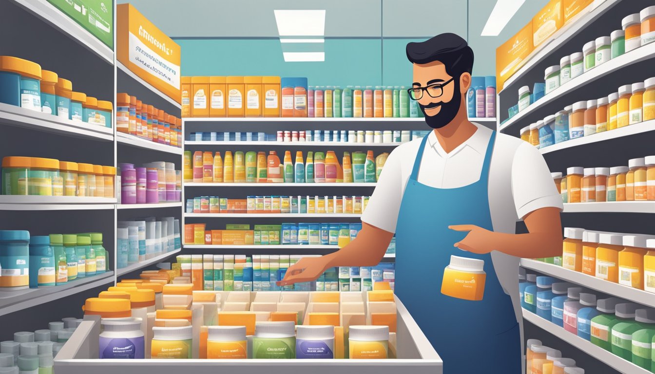 A pharmacist arranging shelves of vitamin supplements in a well-lit store in Pakistan, with safety and regulation posters displayed prominently