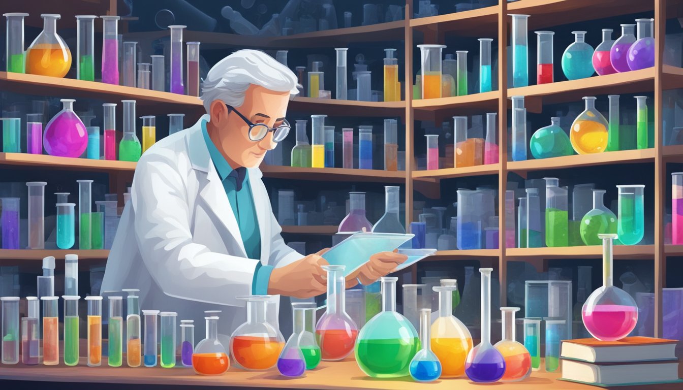 A scientist in a lab coat examines test tubes filled with colorful liquids, surrounded by shelves of books and scientific equipment