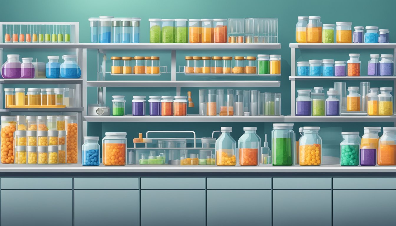 A laboratory setting with shelves of neatly organized vitamin supplements, quality control equipment, and safety signs