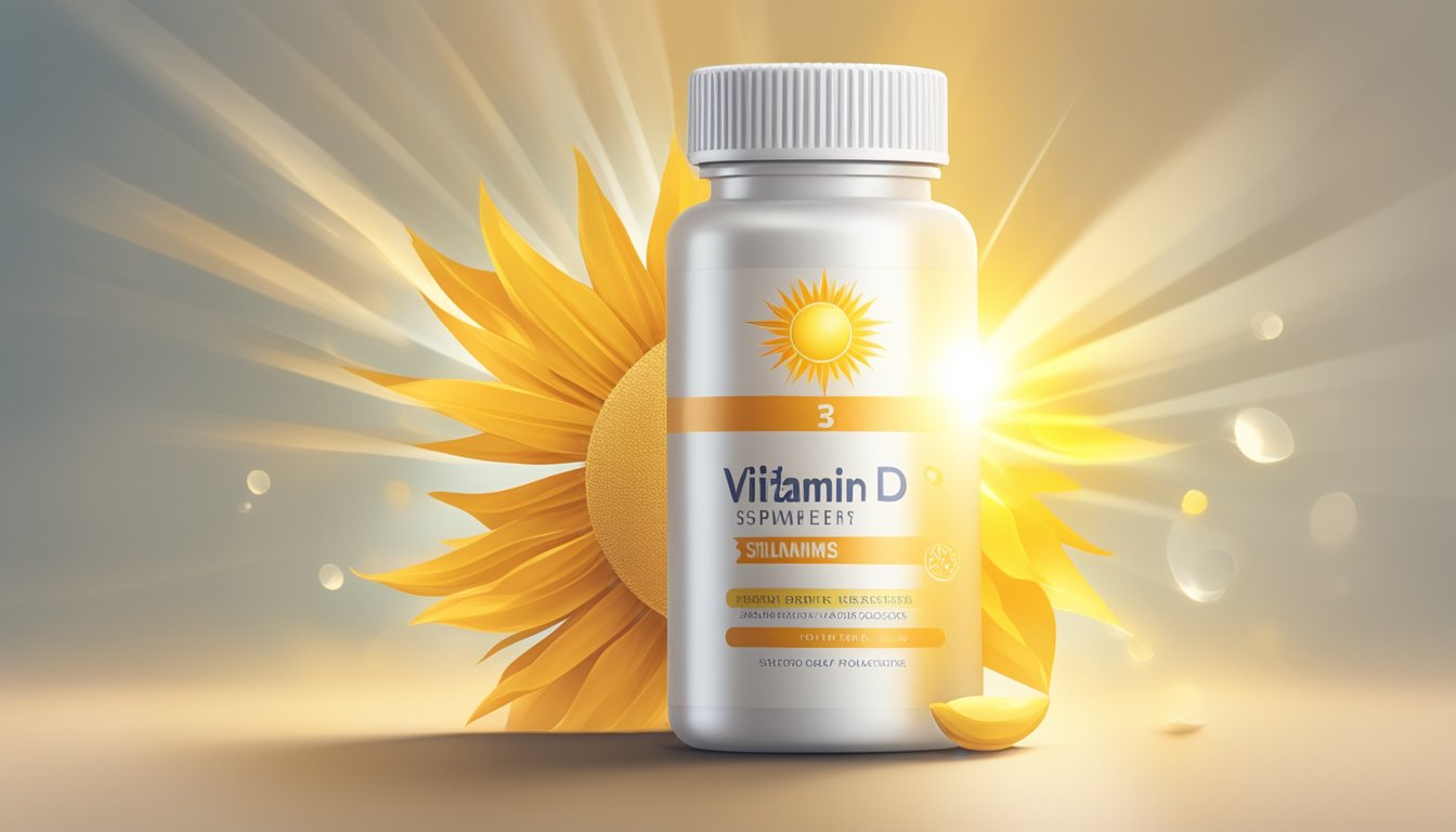 A bright sun shining down on a bottle of vitamin D3 supplements, with rays of light streaming onto the label