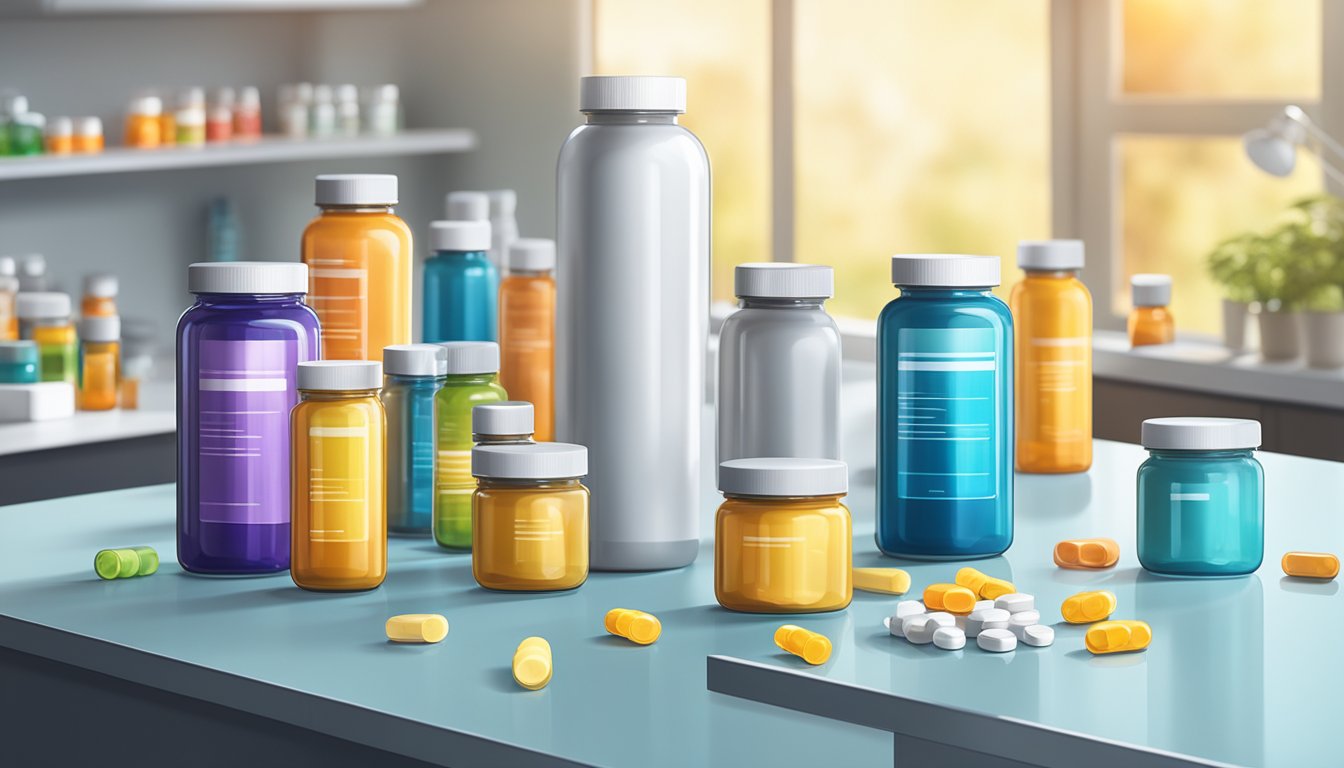 An array of vitamin bottles and supplements arranged on a sleek, modern countertop, with a stopwatch and water bottle nearby