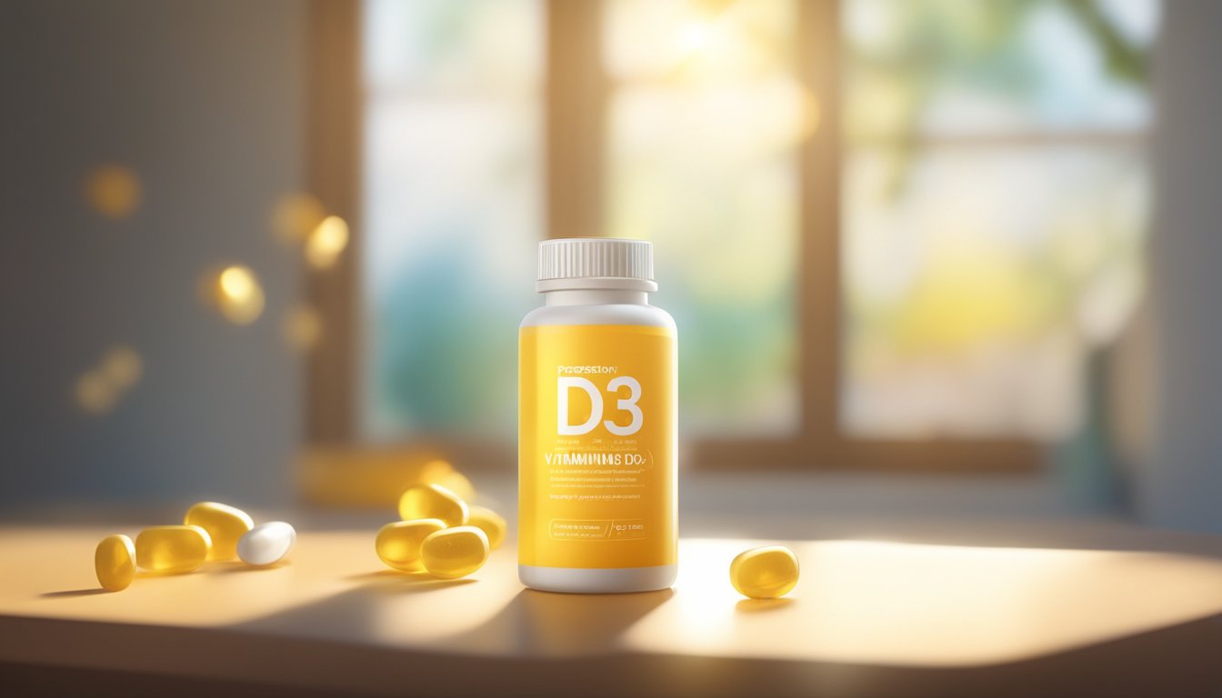 A bottle of vitamin D3 supplements sits on a table, surrounded by rays of sunshine streaming through a window