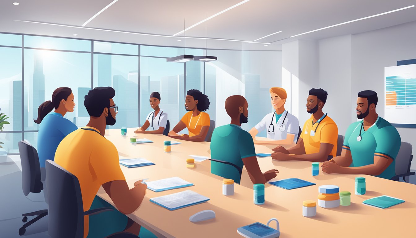 A group of healthcare professionals and athletes discussing essential vitamin supplements in a modern, well-lit conference room