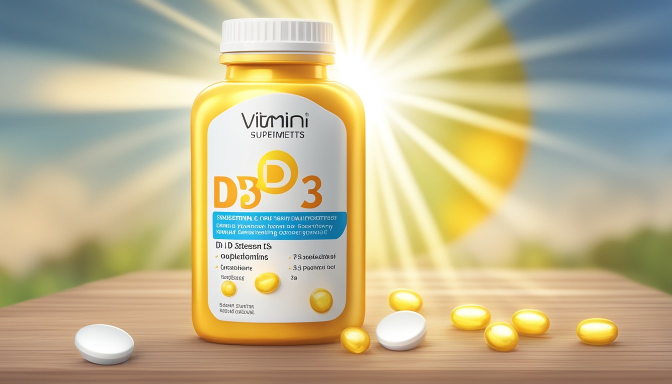 A bottle of vitamin D3 supplements surrounded by rays of sunshine, with a warning label and potential side effects listed