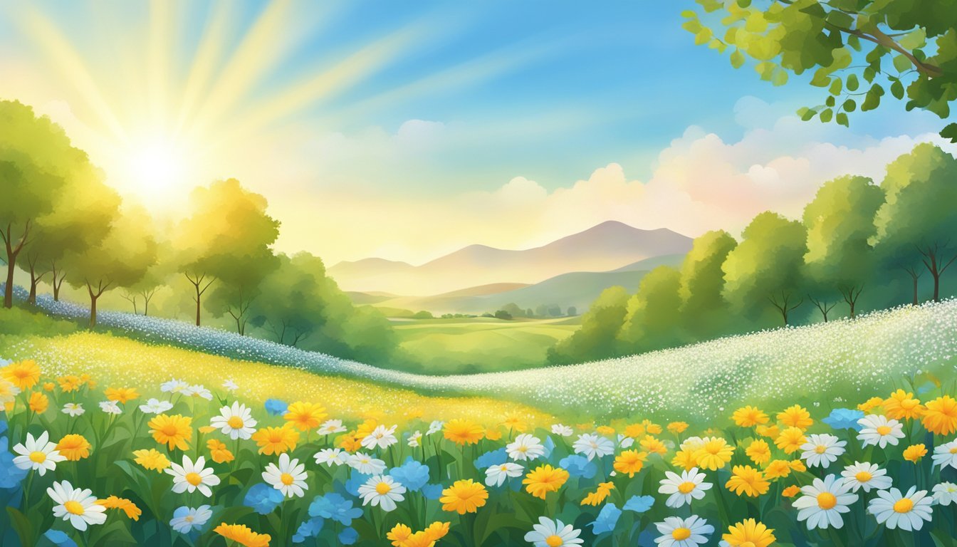 A clear blue sky with a bright sun shining down on a field of blooming flowers