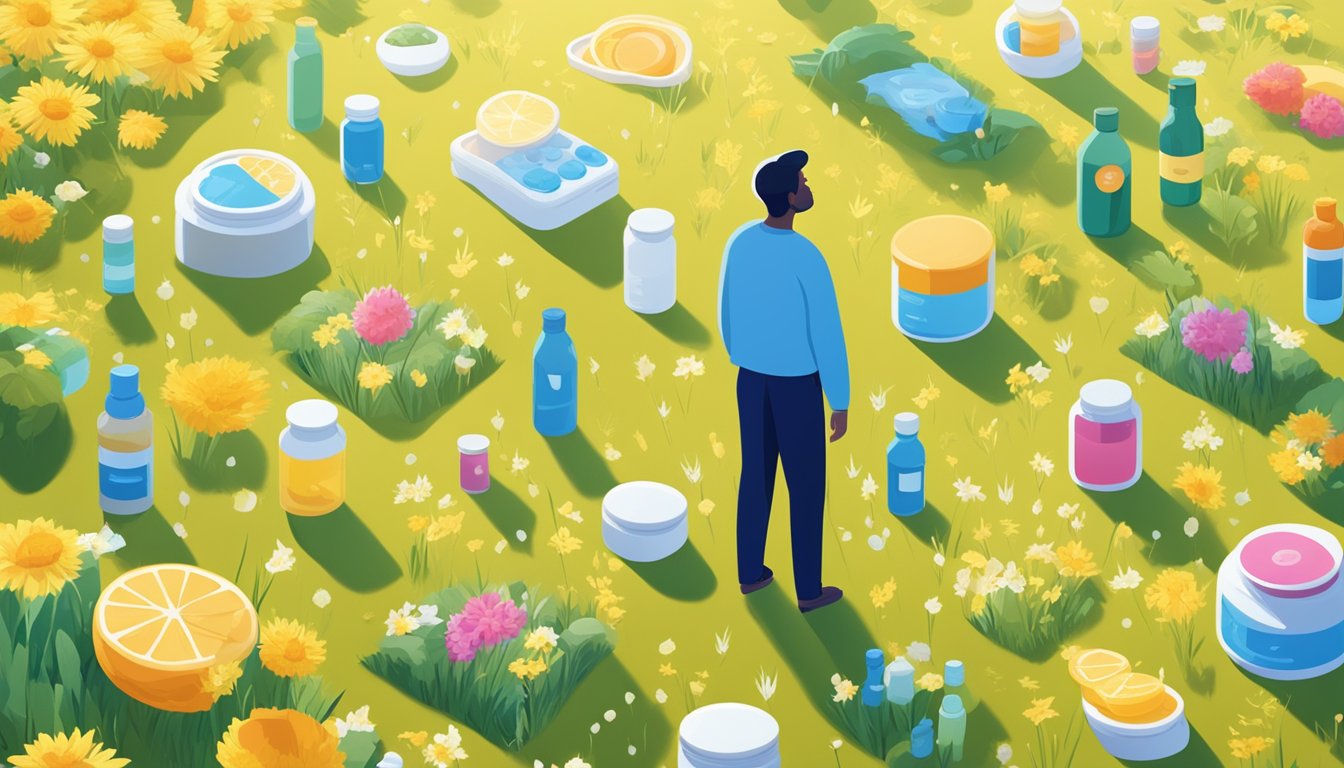 A person standing in a sunny field surrounded by various health practices, with bottles of vitamin D3 supplements at 5000 IU scattered around