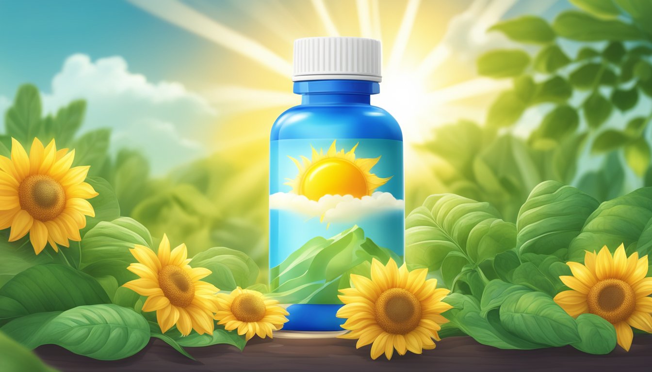 A bright sun shining down on a bottle of vitamin D3 supplements, surrounded by lush greenery and clear blue skies