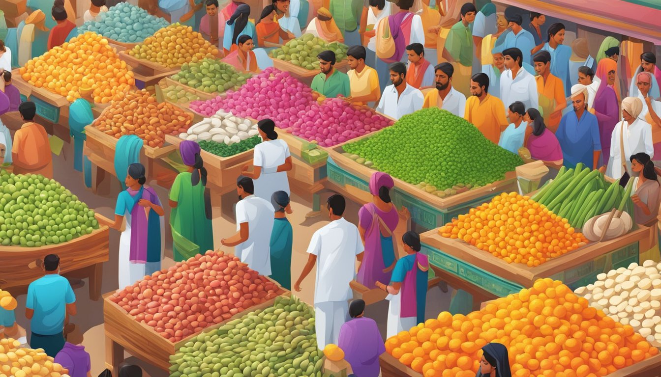 A vibrant marketplace in India showcasing a wide array of colorful and enticing vitamin supplements, with eager consumers exploring the latest trends and choices