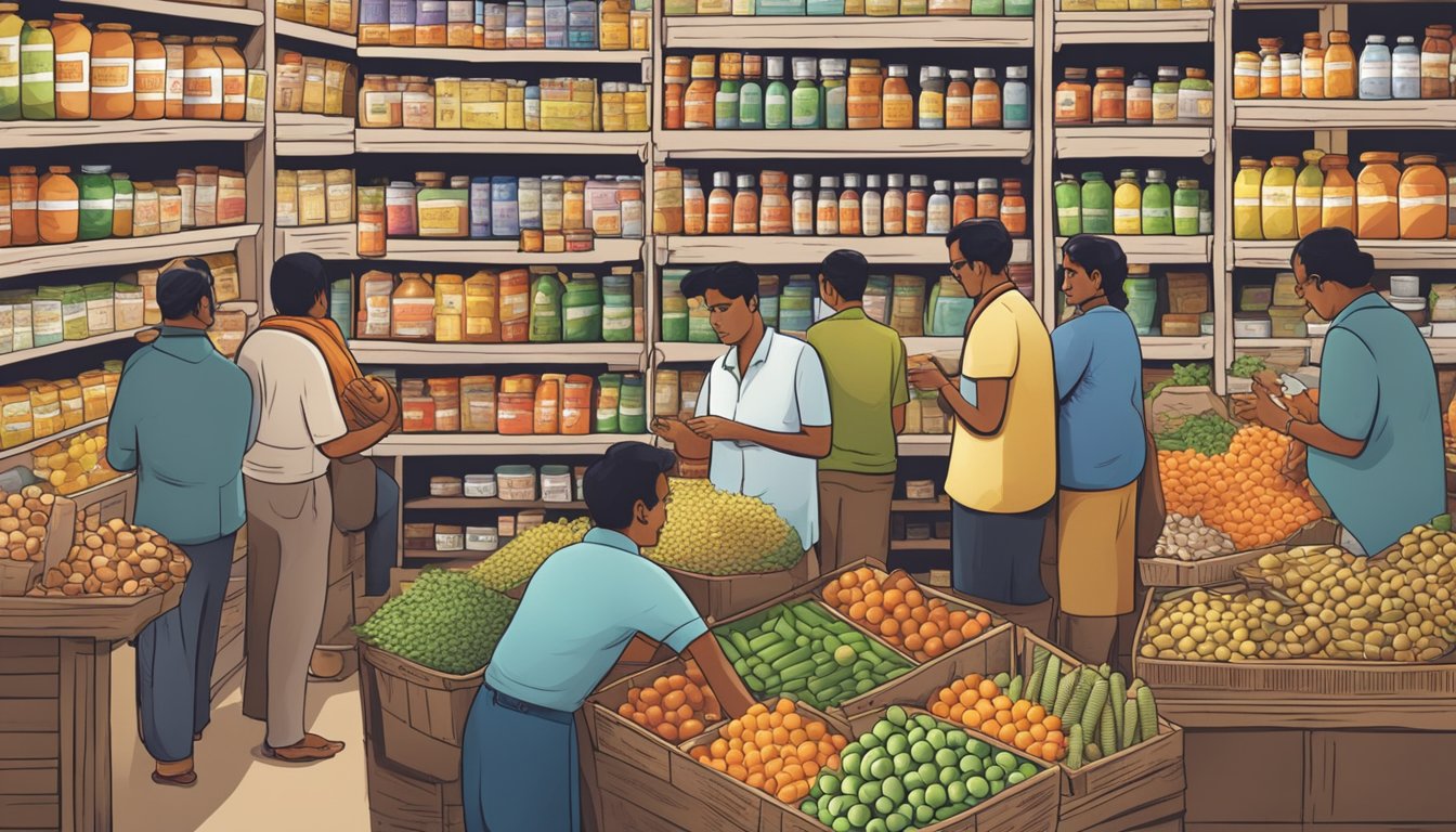 A bustling market in India with shelves stocked full of various vitamin supplements, with customers browsing and making purchases