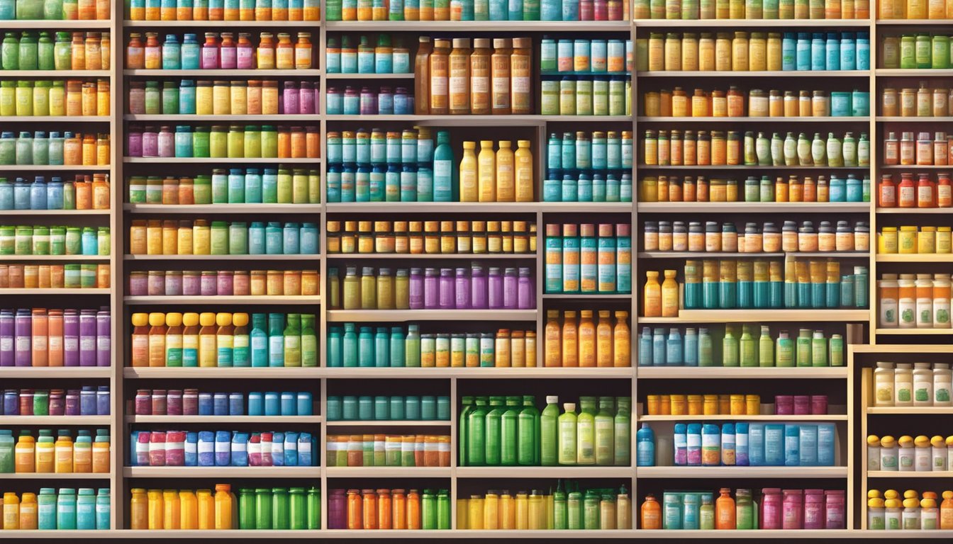 A colorful display of various vitamin supplements on shelves in a bustling market in India, with vibrant packaging and labels showcasing different health benefits and choices