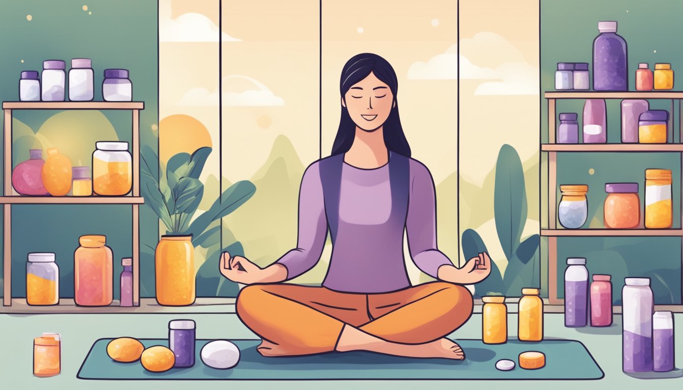 A woman taking vitamin supplements while engaging in stress-relieving activities like yoga and meditation