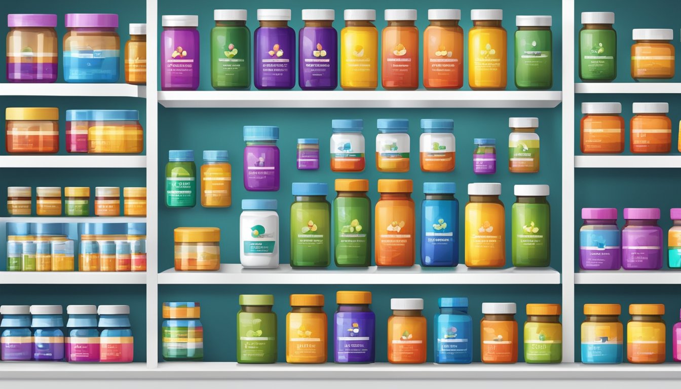 A colorful array of vitamin supplements displayed on shelves, with vibrant packaging and various options for consumers to choose from