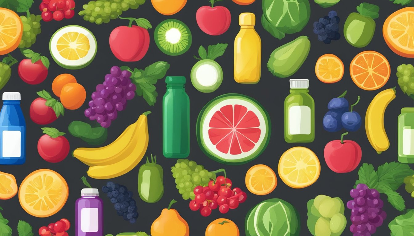 A colorful array of fruits, vegetables, and vitamin bottles arranged on a table, with a bright spotlight highlighting the essential vitamins for energy metabolism