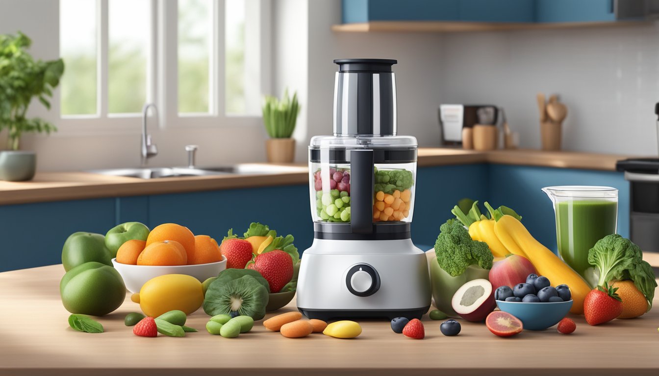 A variety of powdered vitamin supplements arranged on a kitchen counter next to a blender and a selection of fresh fruits and vegetables