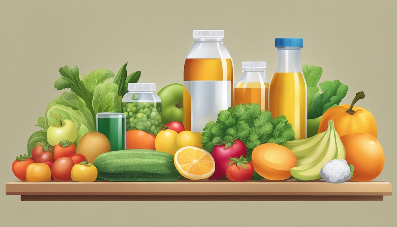 A table with an assortment of vitamin bottles, a glass of water, and a pill organizer, surrounded by fruits and vegetables