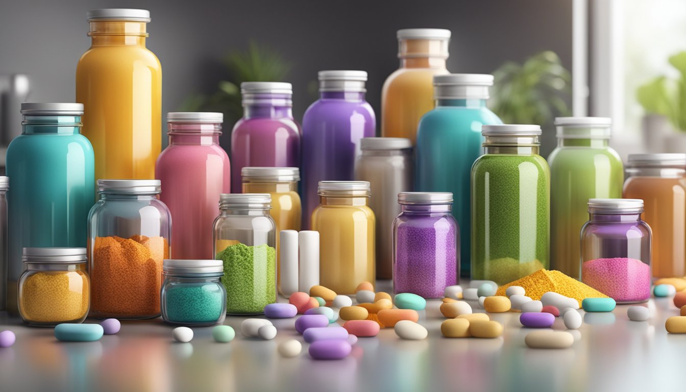 A collection of colorful jars and bottles of powdered vitamin supplements arranged on a clean, modern countertop